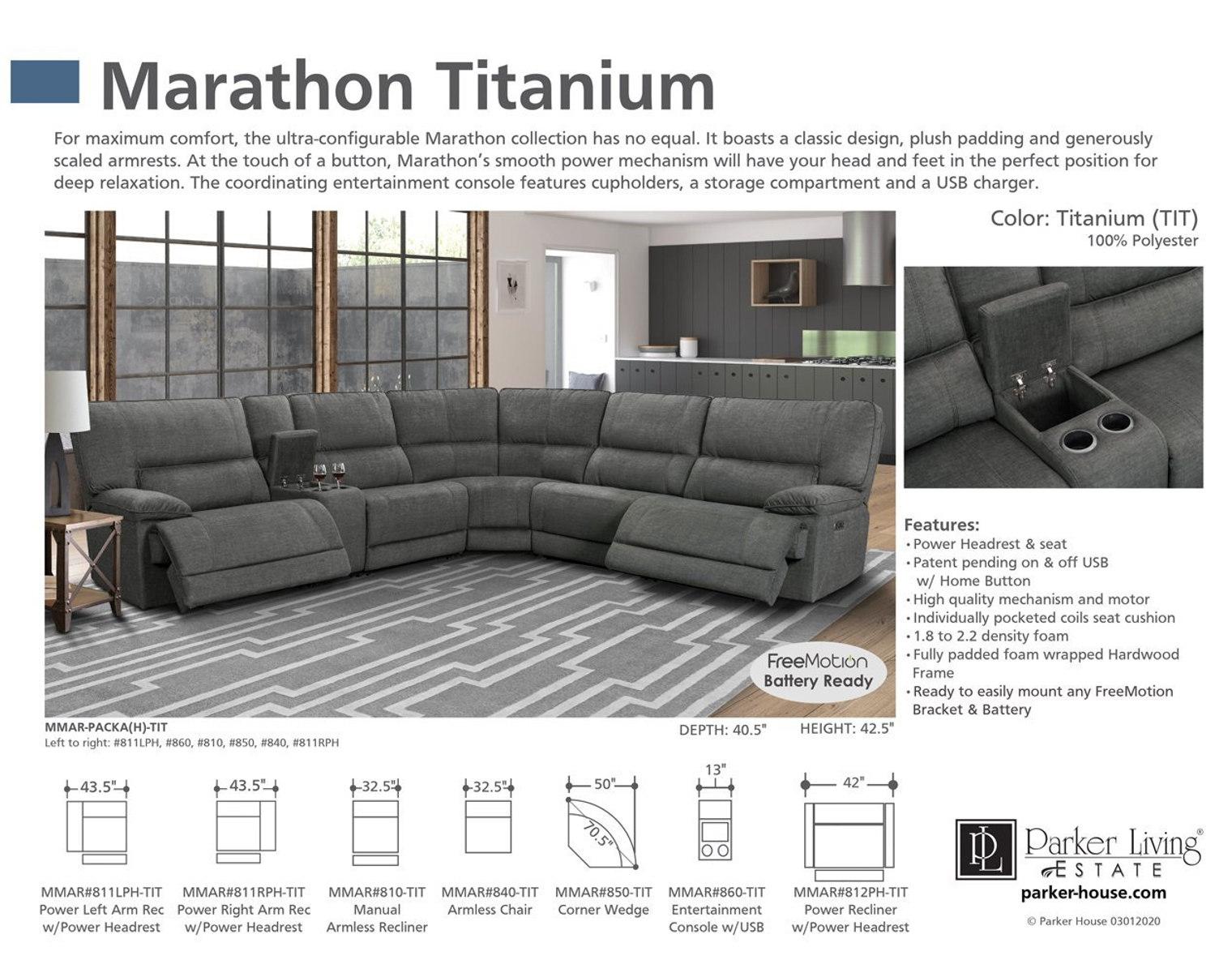 Parker House Marathon Power Left Arm Facing Recliner in Titanium