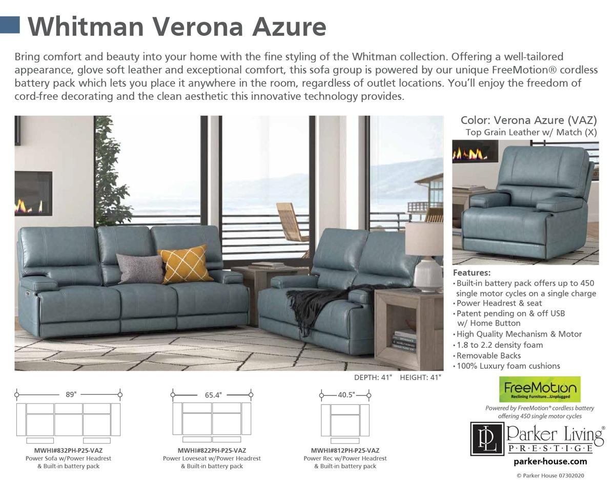 Parker House Whitman Power Cordless Loveseat in Verona Azure